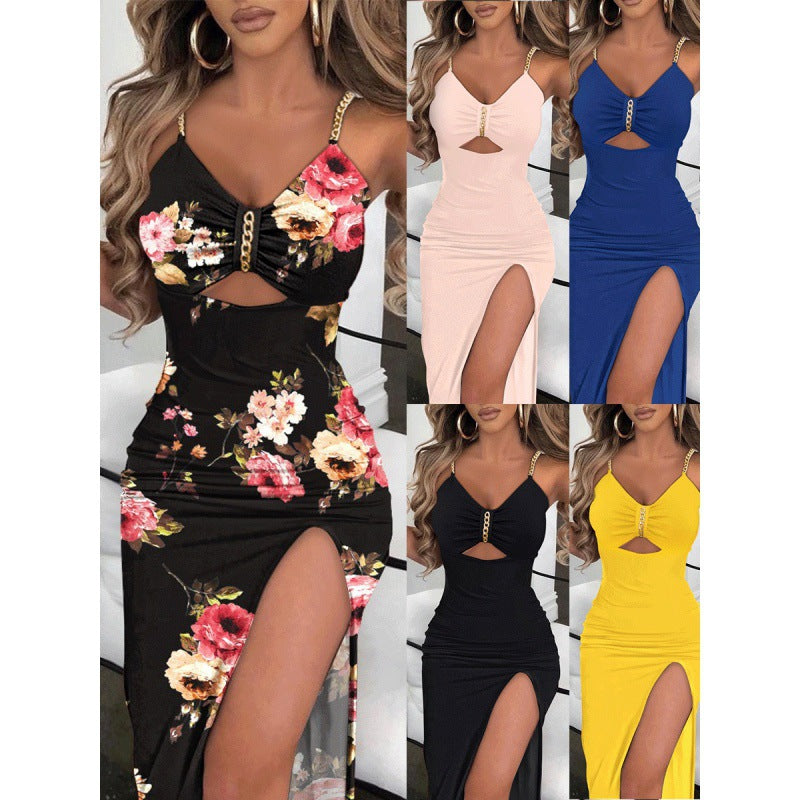 European And American Autumn Clothes  Women Skirt & Chain Shoulder Straps Slit Suspender Dress Women