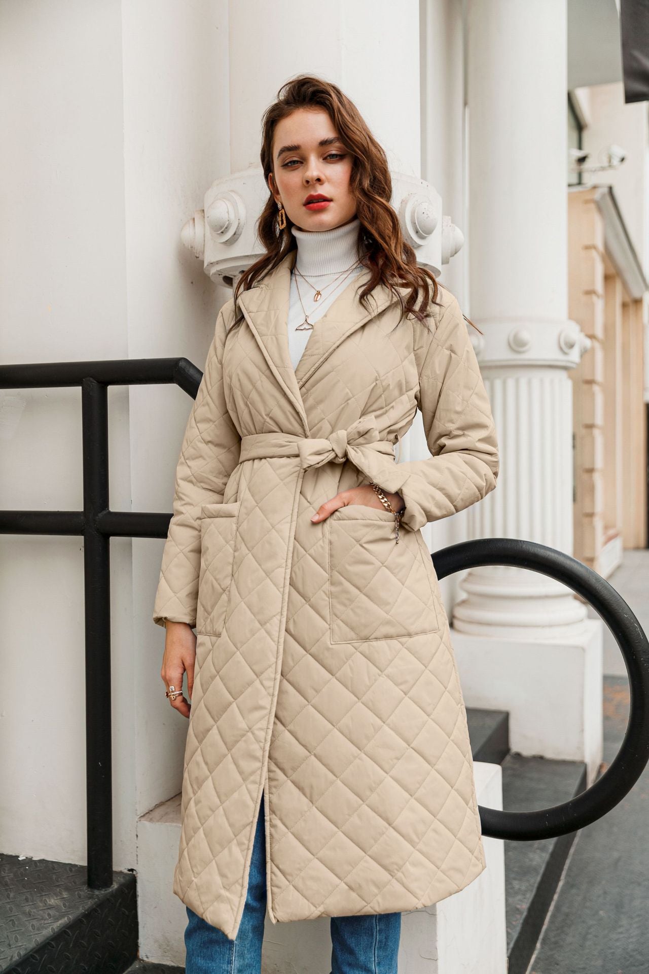 Cotton Clothes Long Knee-length Winter Clothes Diamond Plaid Cotton Jacket