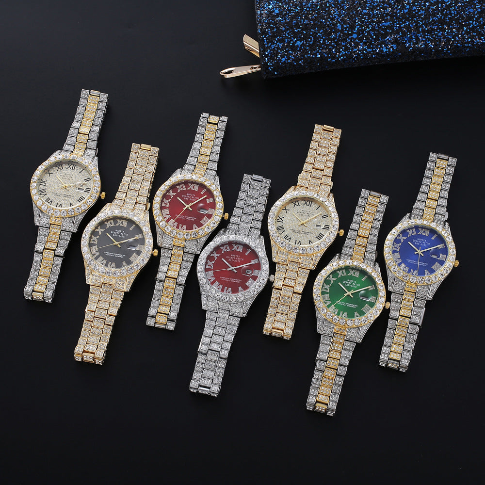 Men High-End Full Diamond Cross-Border Steel Band Fashion Rhinestone Calendar Quartz Watch Starry Men Watch