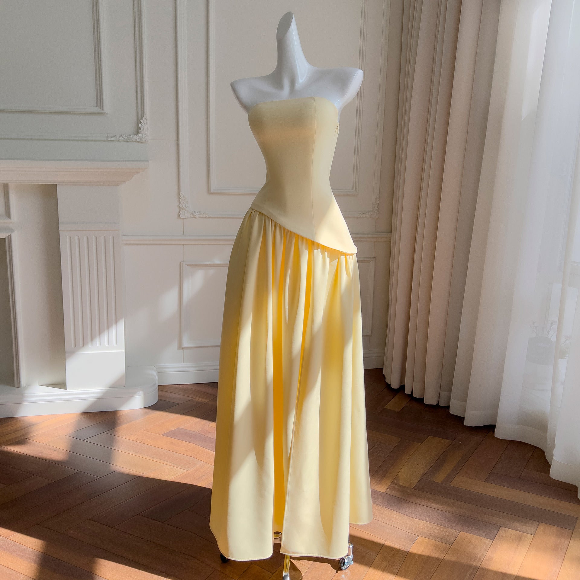 Tube Top Pleated Long Skirt Casual Halter Neck Ribbon Celebrity Party Dress Elegant One-Line Collar Dress