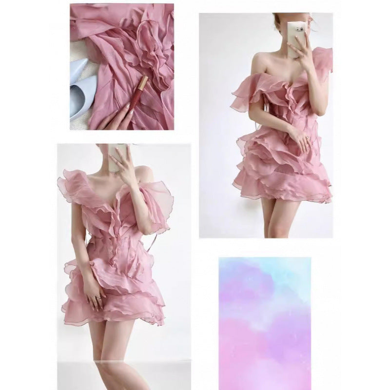 Vietnamese Niche , a good Choice , French Ruffled Immortal Style Slim-fit Socialite Lazy Shoulder Irregular Dress