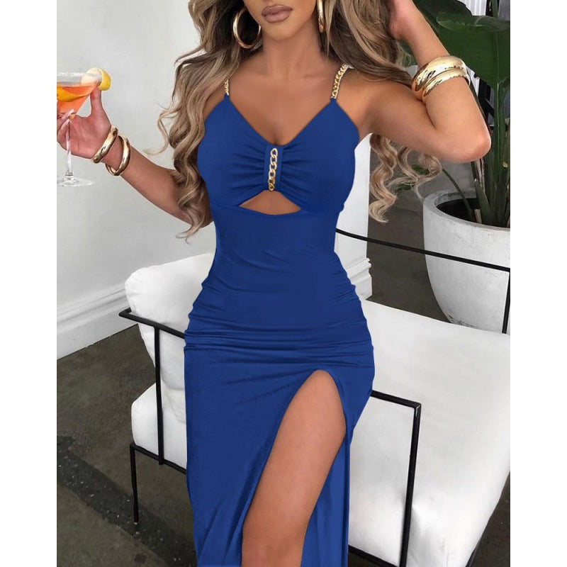 European And American Autumn Clothes  Women Skirt & Chain Shoulder Straps Slit Suspender Dress Women