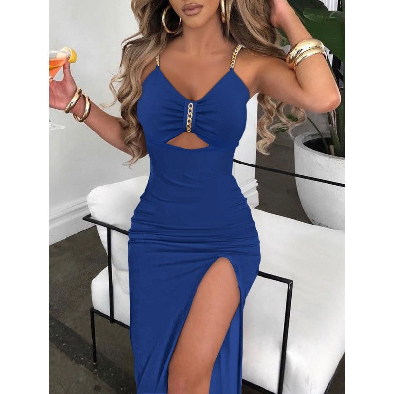 European And American Autumn Clothes  Women Skirt & Chain Shoulder Straps Slit Suspender Dress Women