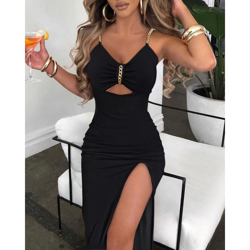 European And American Autumn Clothes  Women Skirt & Chain Shoulder Straps Slit Suspender Dress Women