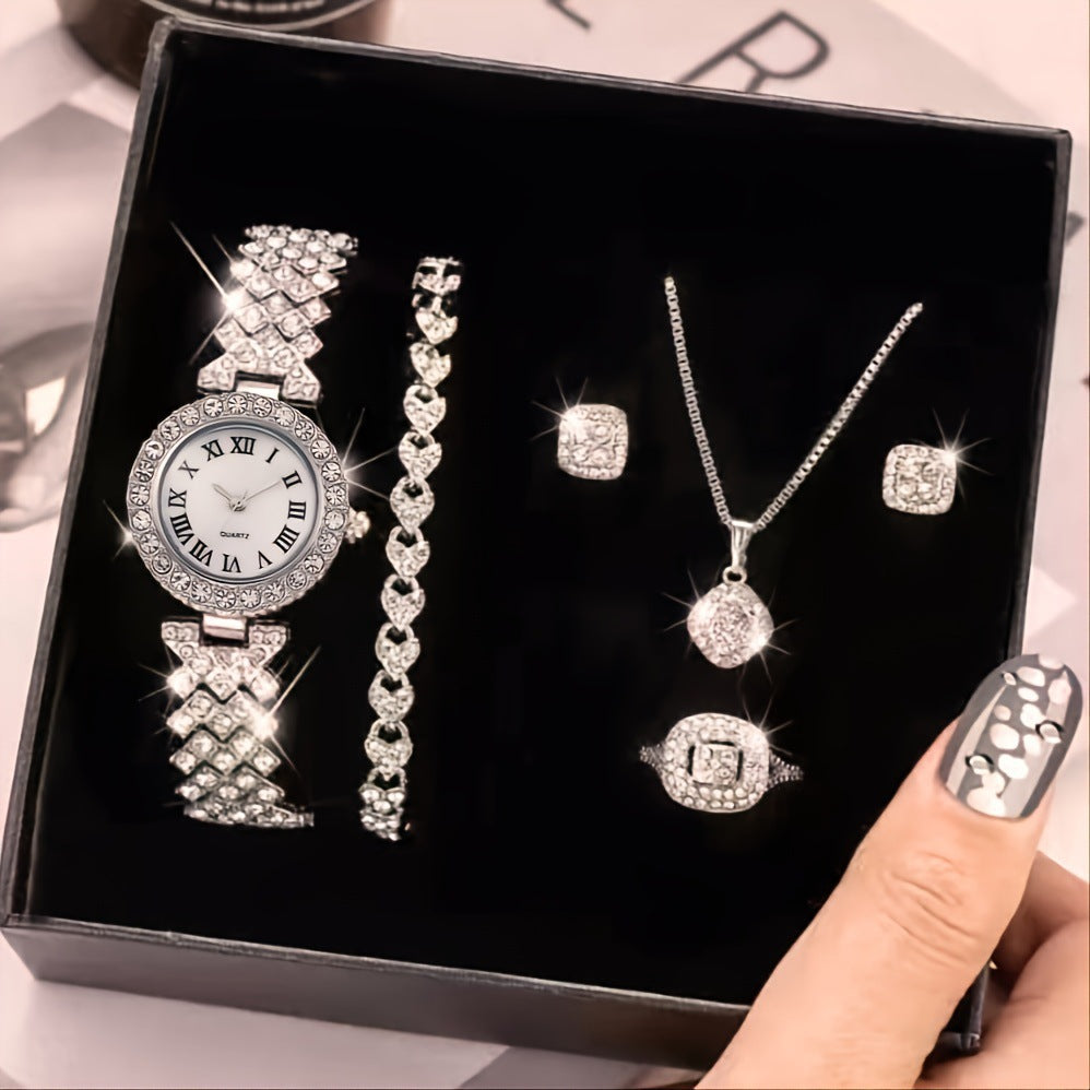 Fashion Roman Pattern Diamond Quartz Watch with Bracelet for Women