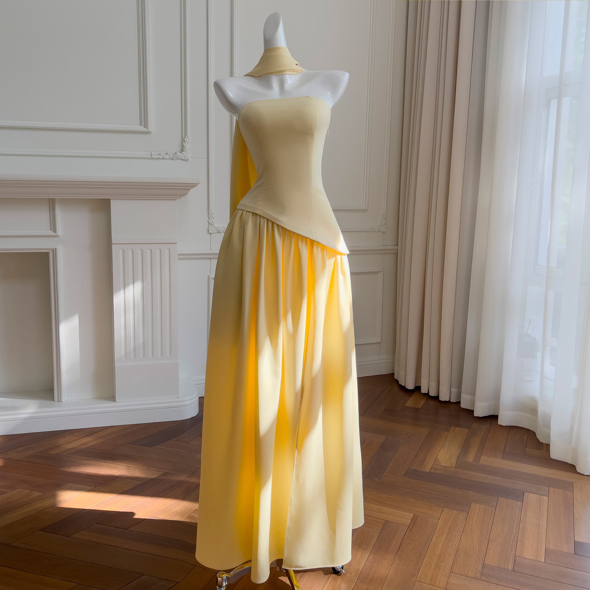 Tube Top Pleated Long Skirt Casual Halter Neck Ribbon Celebrity Party Dress Elegant One-Line Collar Dress