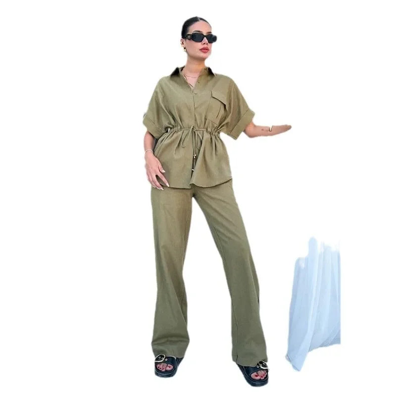 Summer New European And American Style Fashion Casual Suit Women's Workwear Drawstring Pocket Two-piece Women's Clothing