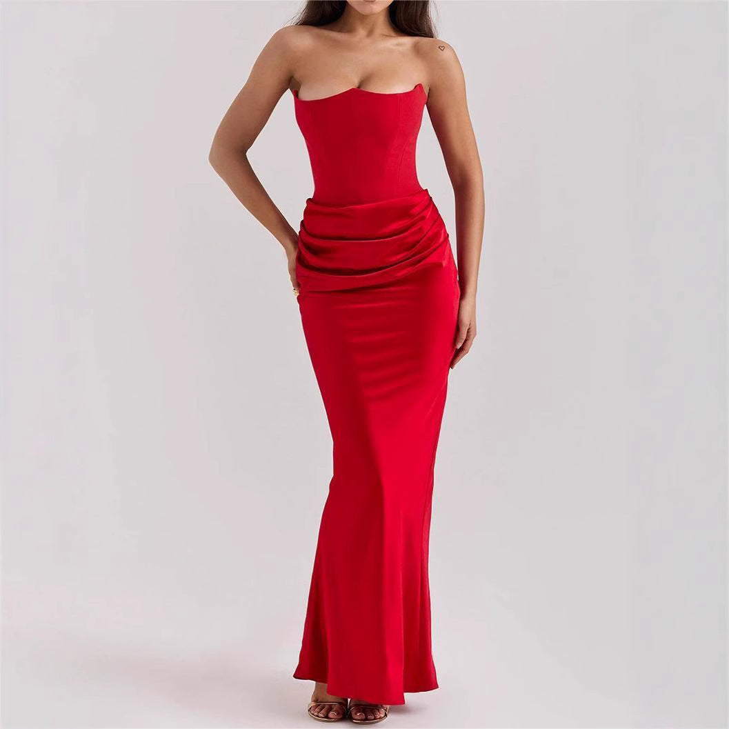 2025 European And American Style Autumn And Winter New Cross-Border Women Fashion Tube Top Sexy Backless Slim Evening Dress