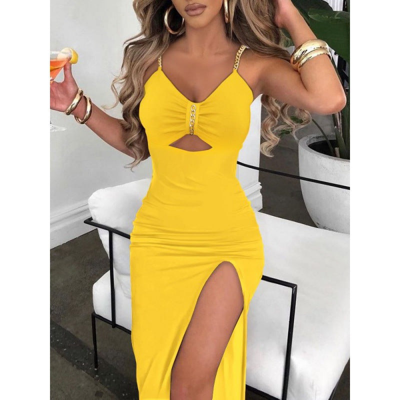 European And American Autumn Clothes  Women Skirt & Chain Shoulder Straps Slit Suspender Dress Women