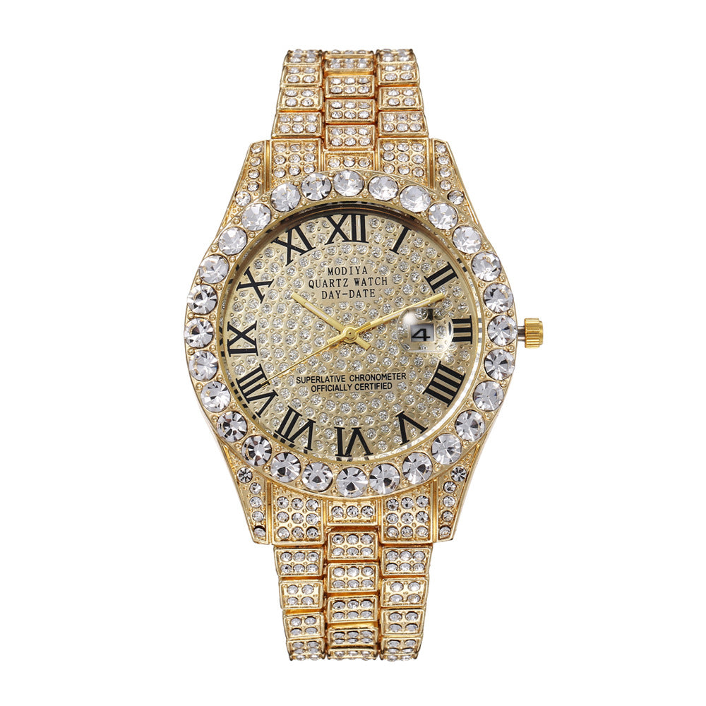 Men High-End Full Diamond Cross-Border Steel Band Fashion Rhinestone Calendar Quartz Watch Starry Men Watch