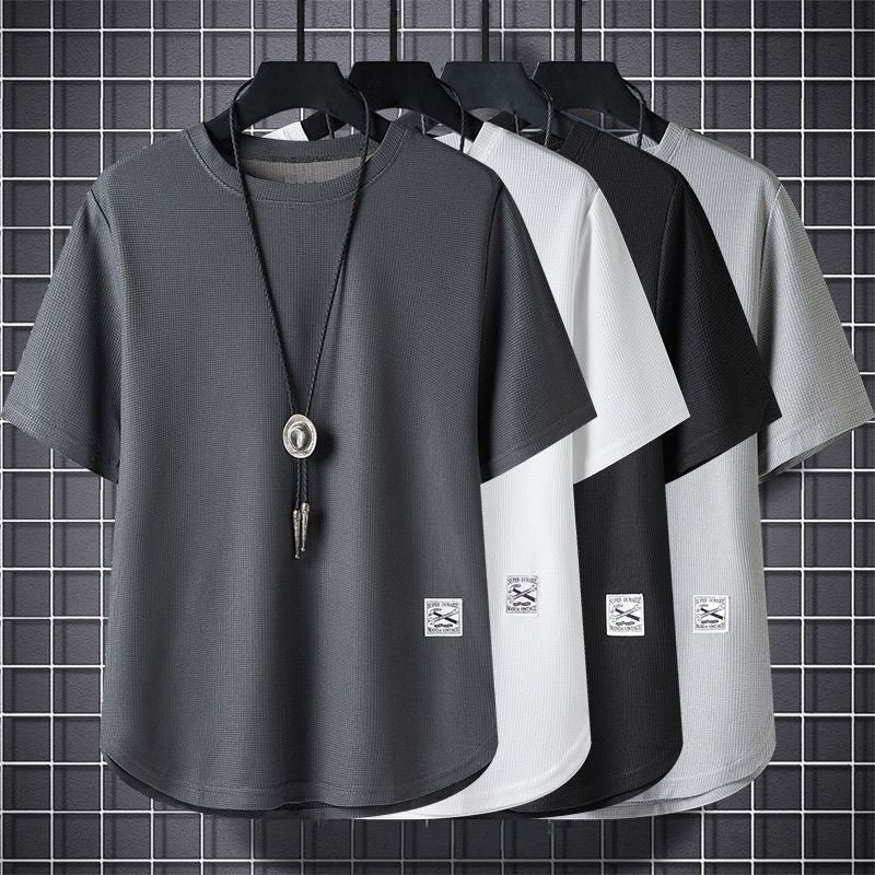 Batch Of Waffled Short-sleeved T-shirt Men Summer Loose Plus Size Crewneck Breathable Solid Color Base Shirt Half-sleeved Top