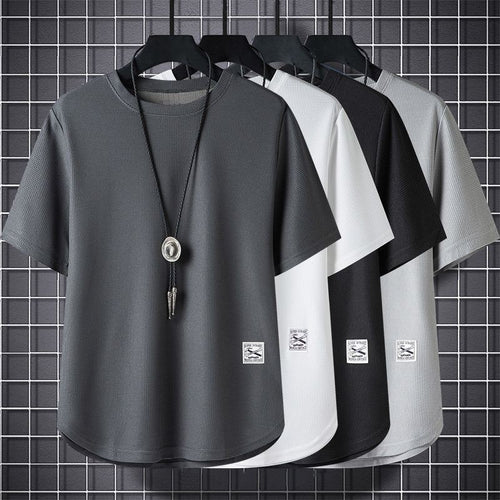Batch Of Waffled Short-sleeved T-shirt Men Summer Loose Plus Size Crewneck Breathable Solid Color Base Shirt Half-sleeved Top