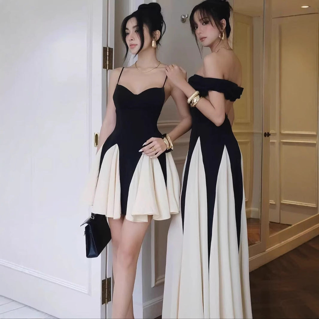 Romantic French Style Black And White Color-block Sling Dress Niche Elegant Slimming Seaside Gentle Hot Girl Dress