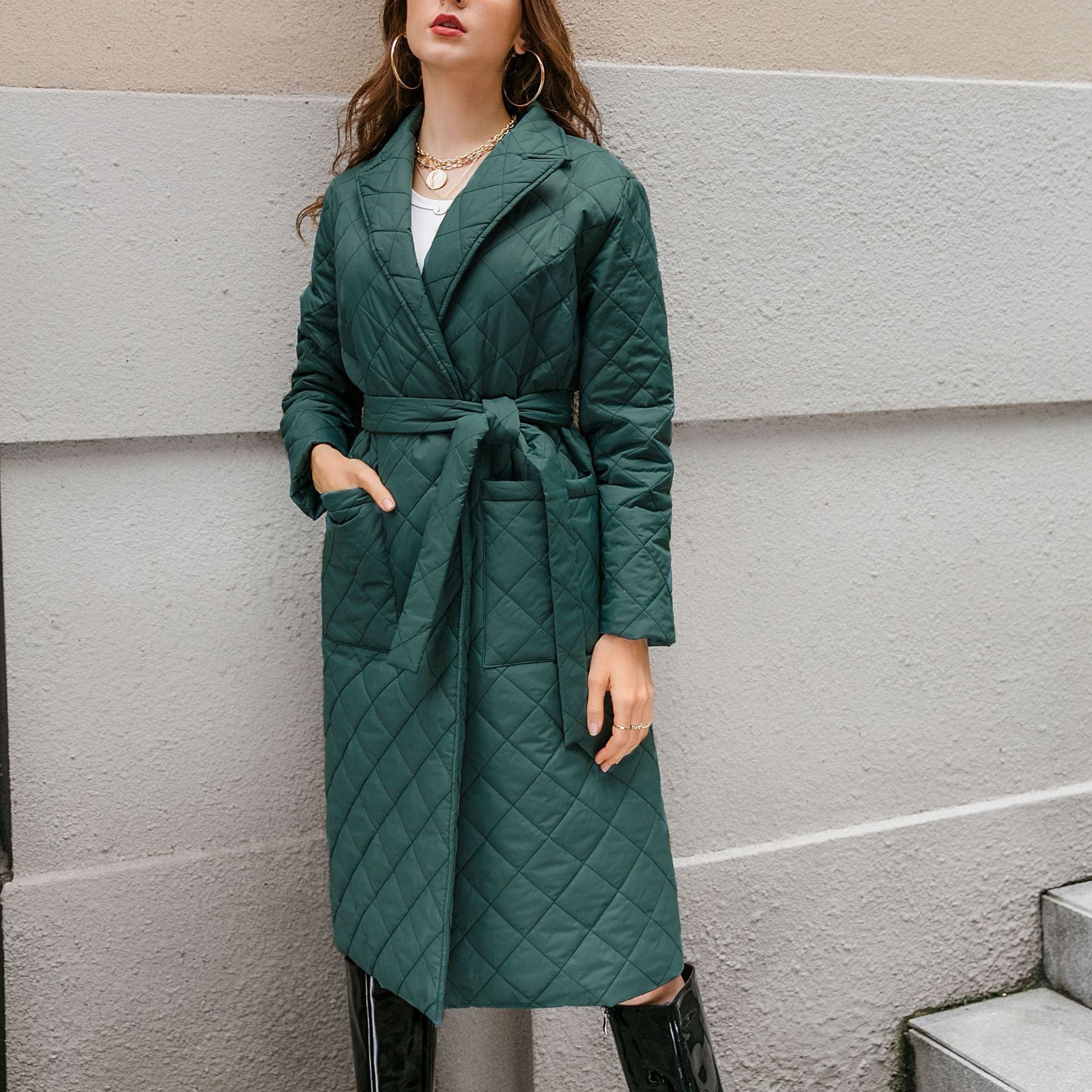 Cotton Clothes Long Knee-length Winter Clothes Diamond Plaid Cotton Jacket