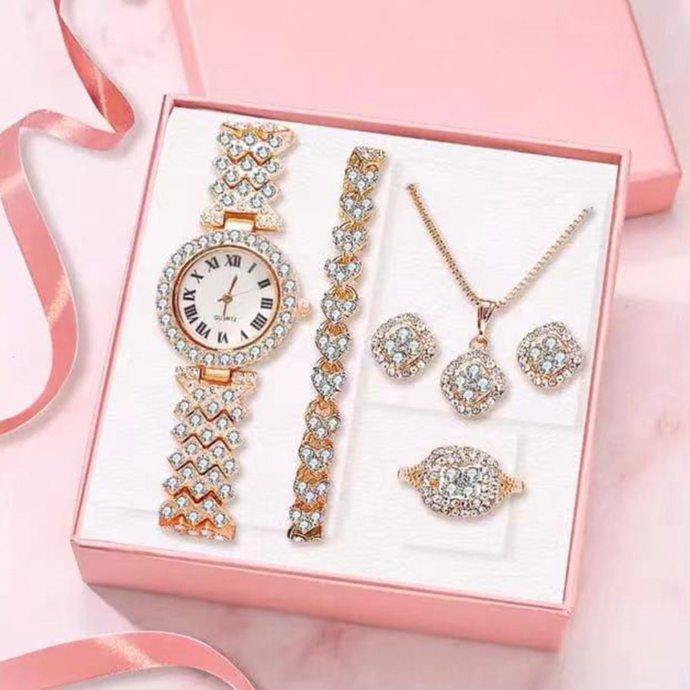 Fashion Roman Pattern Diamond Quartz Watch with Bracelet for Women