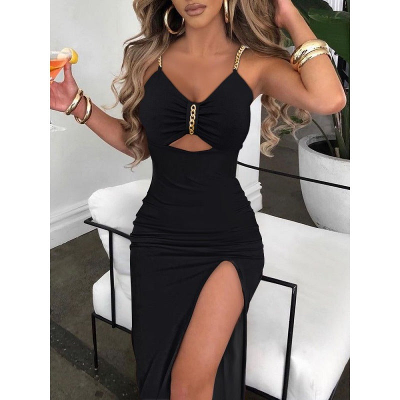 European And American Autumn Clothes  Women Skirt & Chain Shoulder Straps Slit Suspender Dress Women