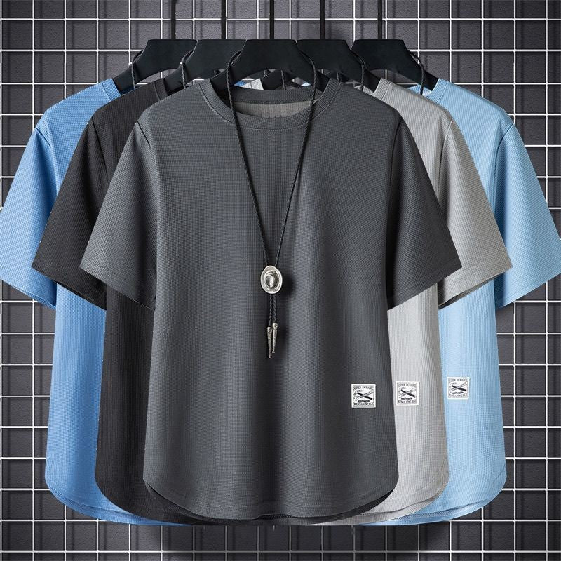 Batch Of Waffled Short-sleeved T-shirt Men Summer Loose Plus Size Crewneck Breathable Solid Color Base Shirt Half-sleeved Top