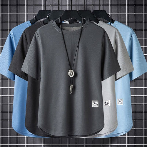 Batch Of Waffled Short-sleeved T-shirt Men Summer Loose Plus Size Crewneck Breathable Solid Color Base Shirt Half-sleeved Top