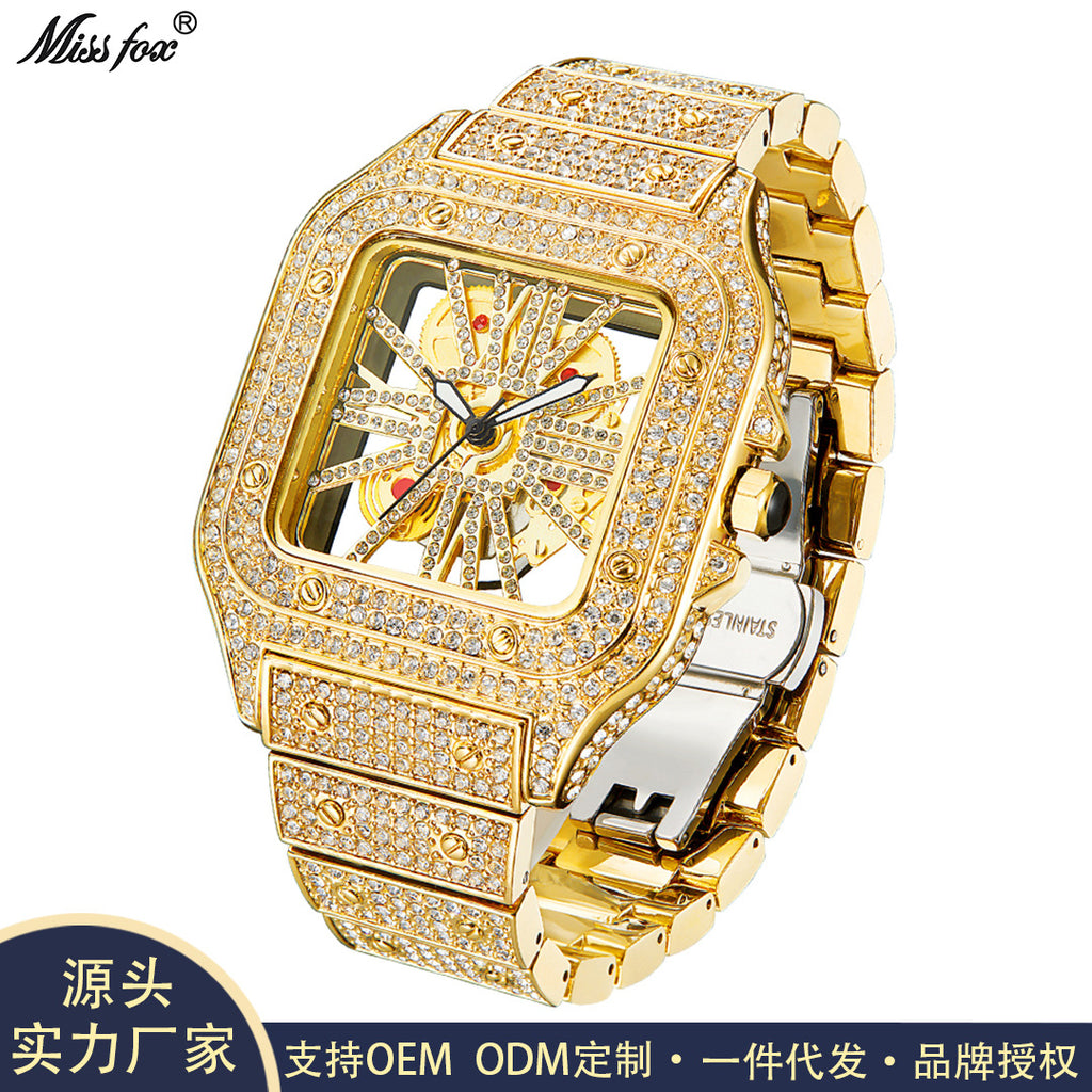 Missfox Niche Design Cut Out Hip-Hop Full Diamond Quartz Watch [New Fashion Square Men]