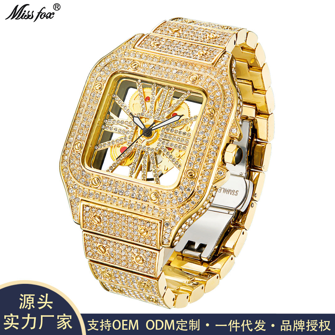 Missfox Niche Design Cut Out Hip-Hop Full Diamond Quartz Watch [New Fashion Square Men]