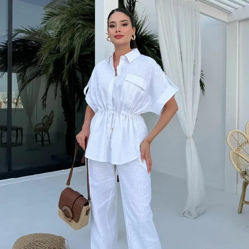 Summer New European And American Style Fashion Casual Suit Women's Workwear Drawstring Pocket Two-piece Women's Clothing