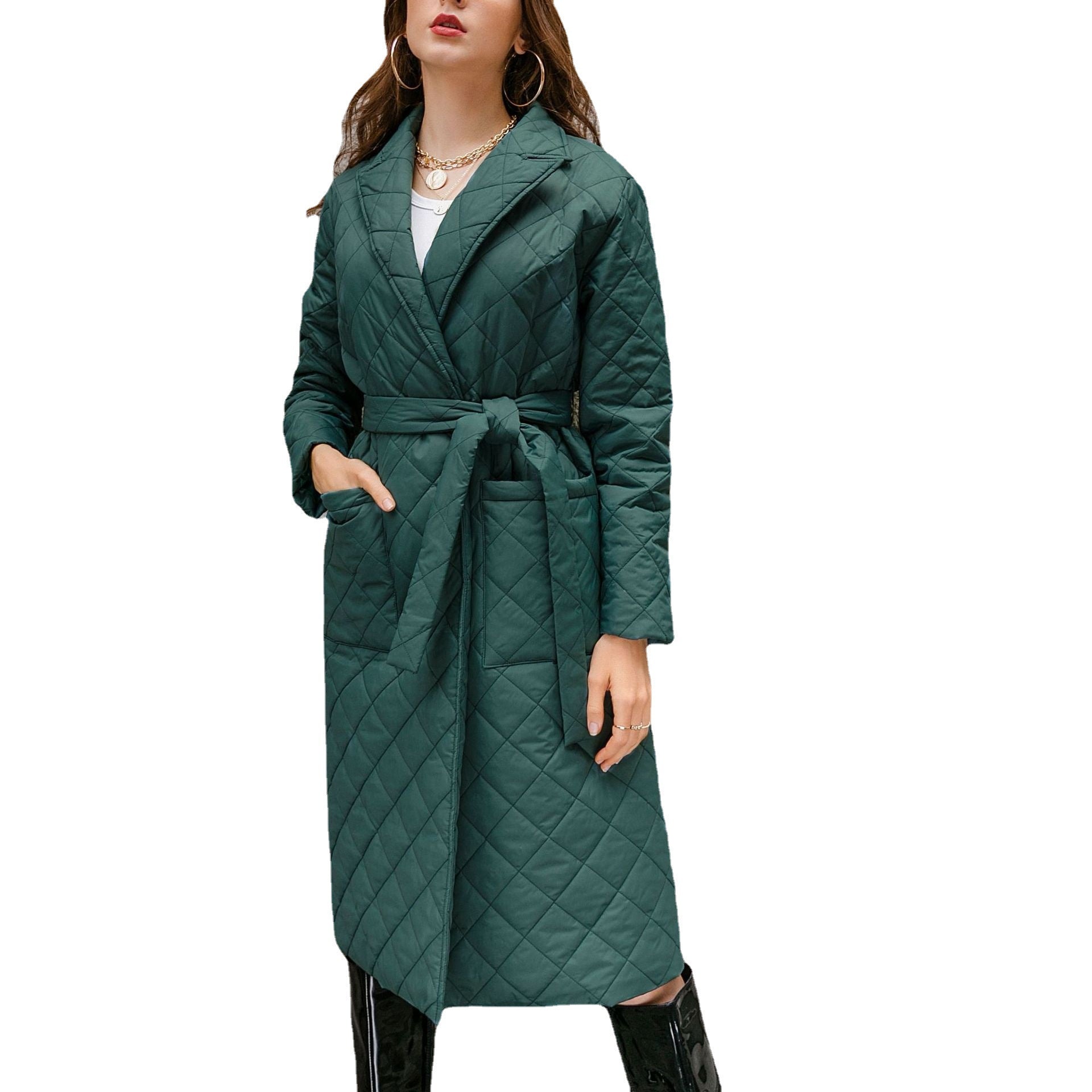 Cotton Clothes Long Knee-length Winter Clothes Diamond Plaid Cotton Jacket