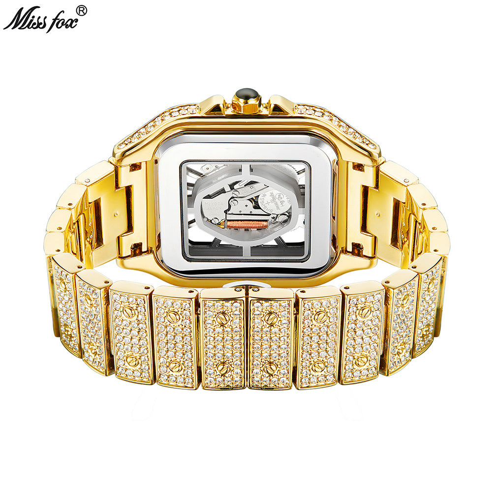 Missfox Niche Design Cut Out Hip-Hop Full Diamond Quartz Watch [New Fashion Square Men]