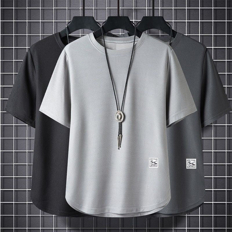 Batch Of Waffled Short-sleeved T-shirt Men Summer Loose Plus Size Crewneck Breathable Solid Color Base Shirt Half-sleeved Top