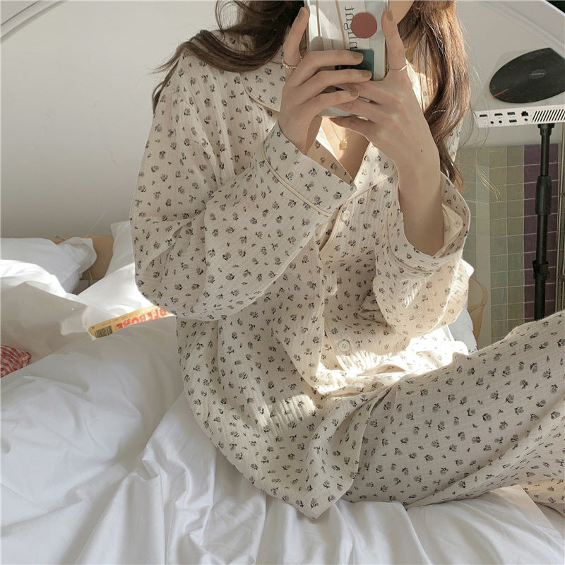 New Home Clothes Small Floral Fashion Print Pajamas Long-sleeved Suit For Women
