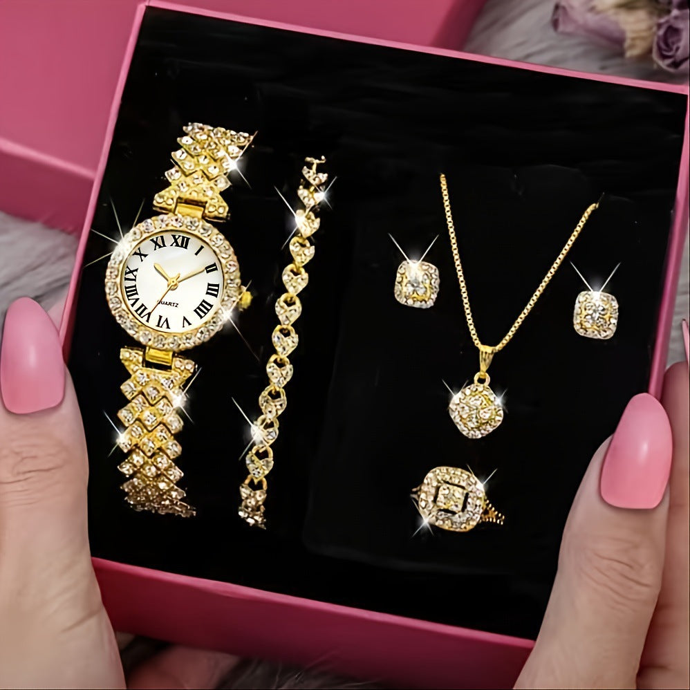 Fashion Roman Pattern Diamond Quartz Watch with Bracelet for Women