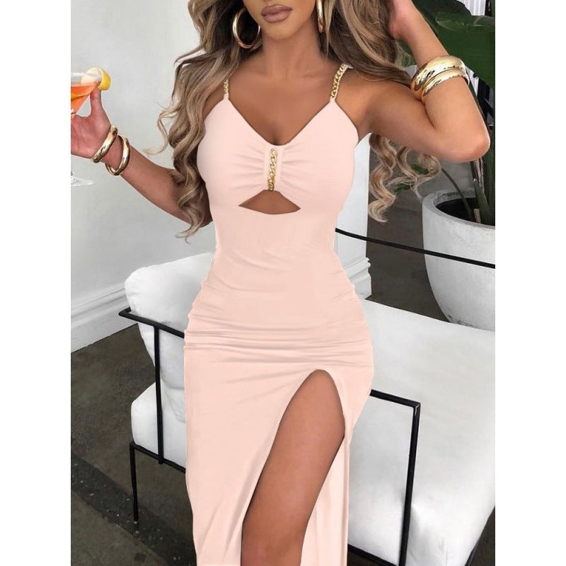 European And American Autumn Clothes  Women Skirt & Chain Shoulder Straps Slit Suspender Dress Women
