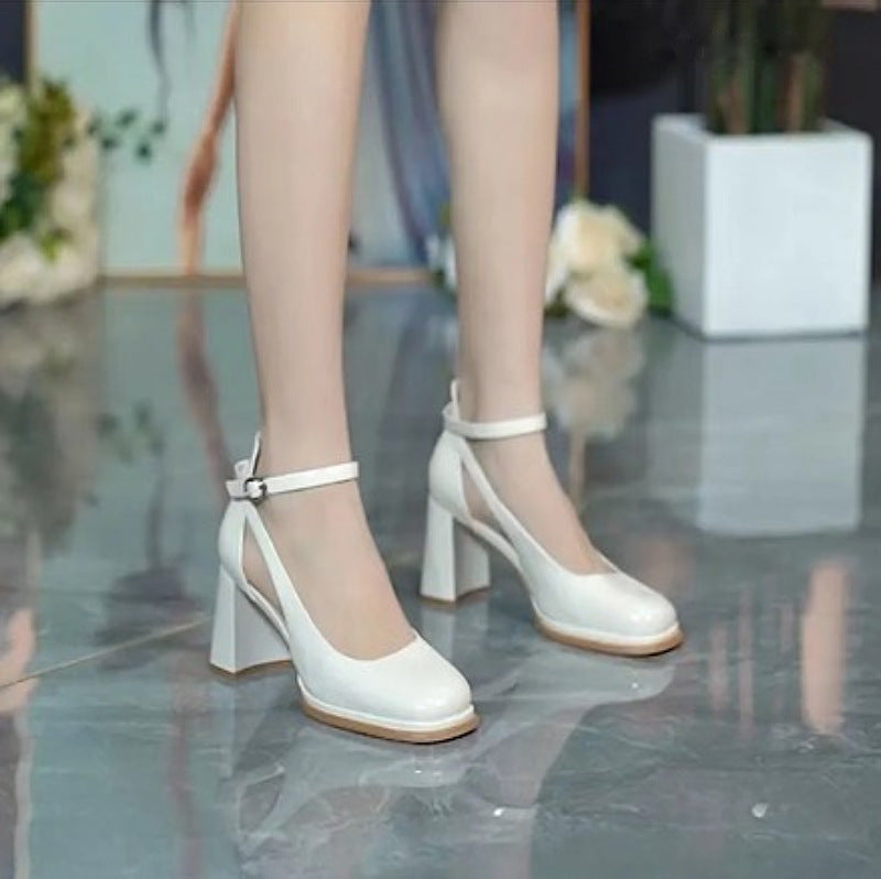 High Heels Women's Summer Shoes New Fairy Style One Word Buckle Shallow Mouth Thick Heel Single Shoes Women