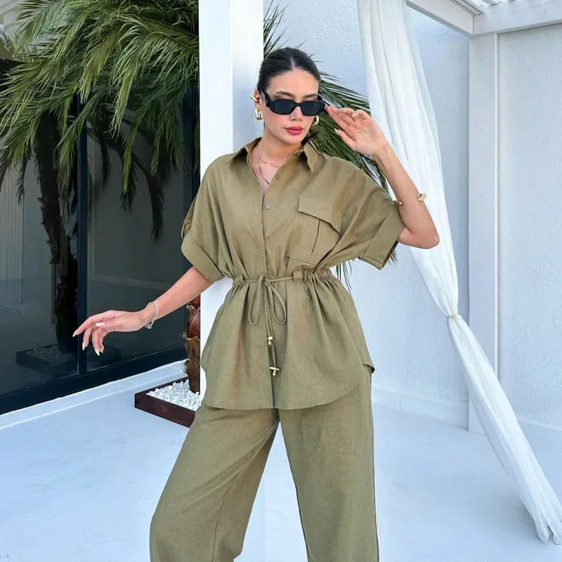 Summer New European And American Style Fashion Casual Suit Women's Workwear Drawstring Pocket Two-piece Women's Clothing