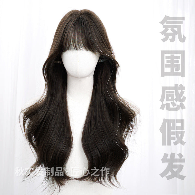 Qiushi Wig Women's Wholesale Cross-border Daily Online Popular Fluffy Natural Lifelike Neat Bangs Long Curly Hair Full Head Cover Summer