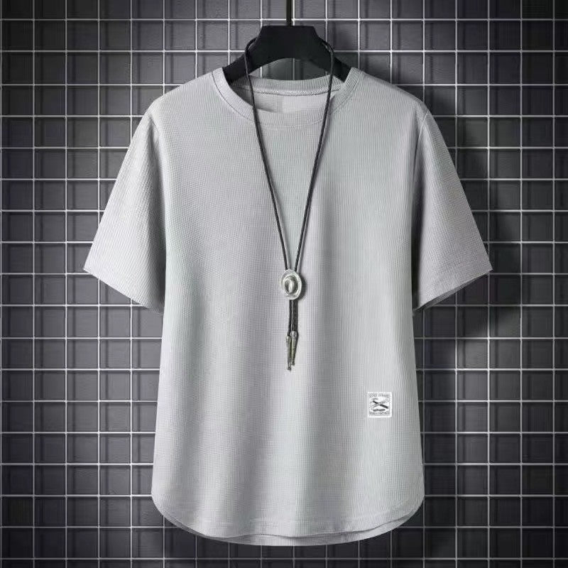 Batch Of Waffled Short-sleeved T-shirt Men Summer Loose Plus Size Crewneck Breathable Solid Color Base Shirt Half-sleeved Top
