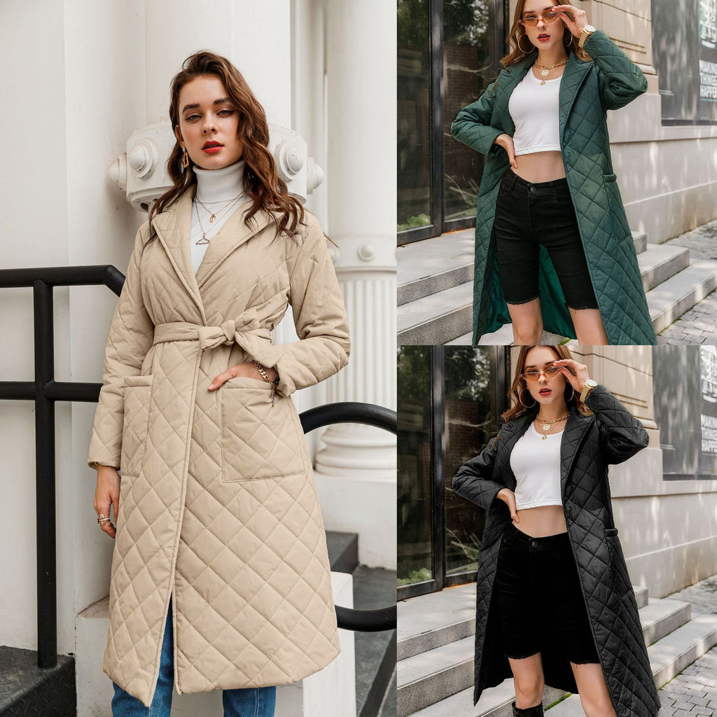 Cotton Clothes Long Knee-length Winter Clothes Diamond Plaid Cotton Jacket