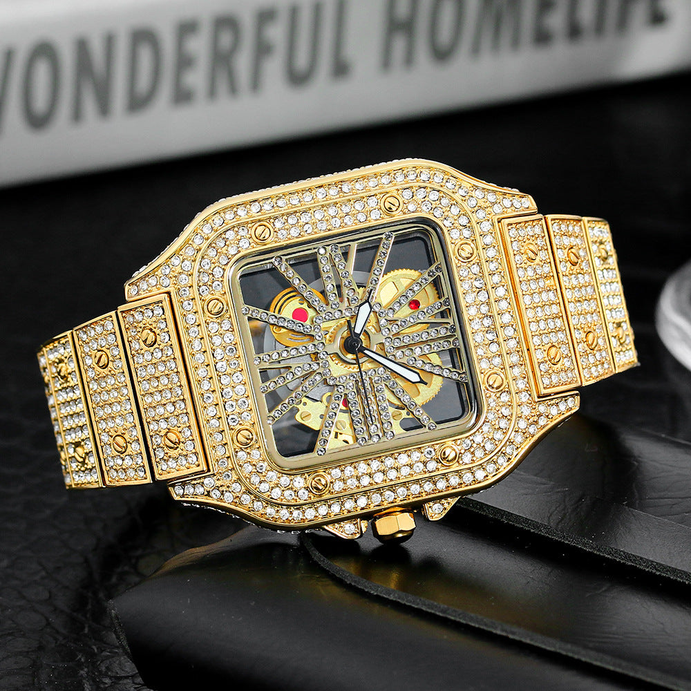 Missfox Niche Design Cut Out Hip-Hop Full Diamond Quartz Watch [New Fashion Square Men]