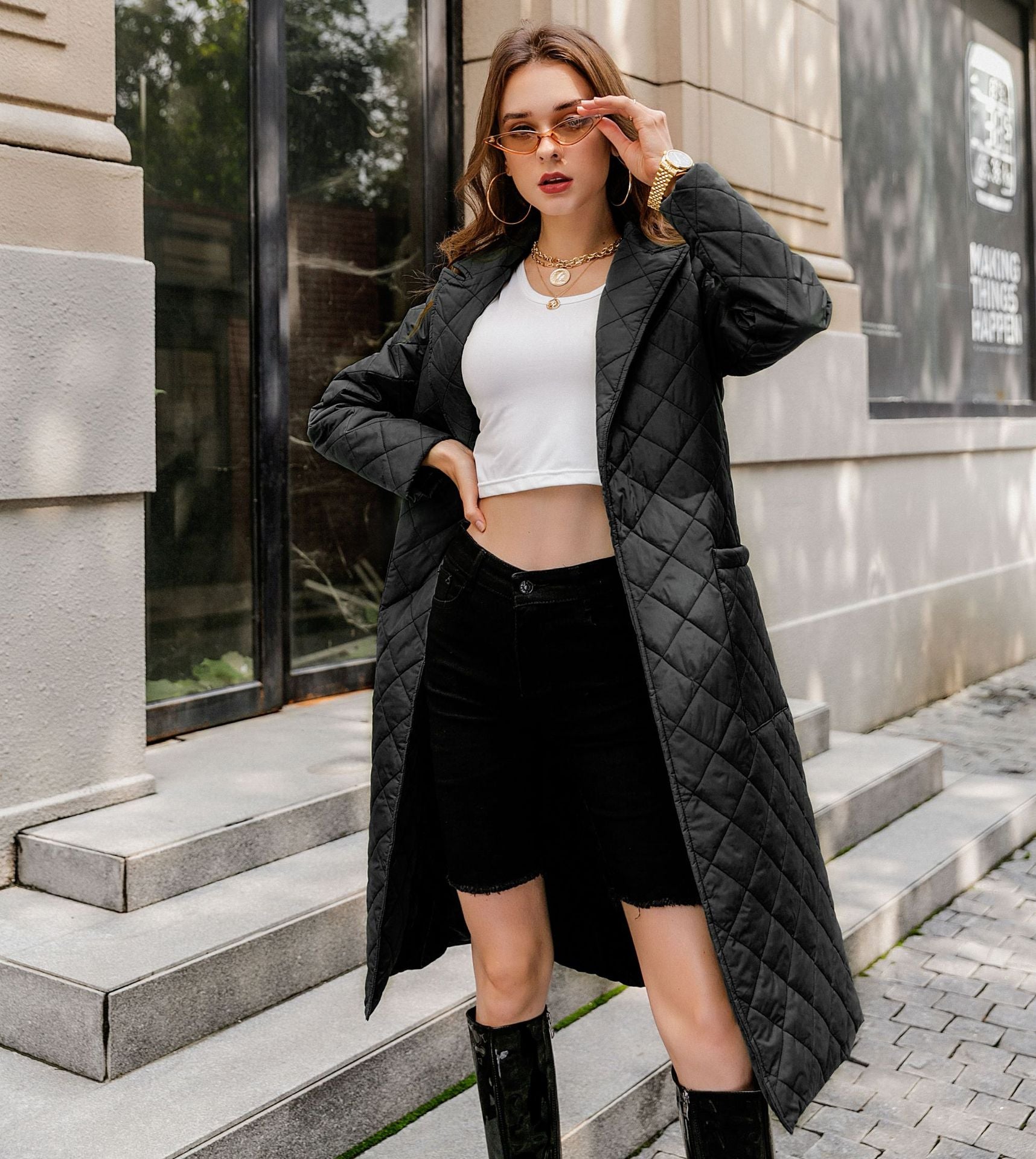Cotton Clothes Long Knee-length Winter Clothes Diamond Plaid Cotton Jacket