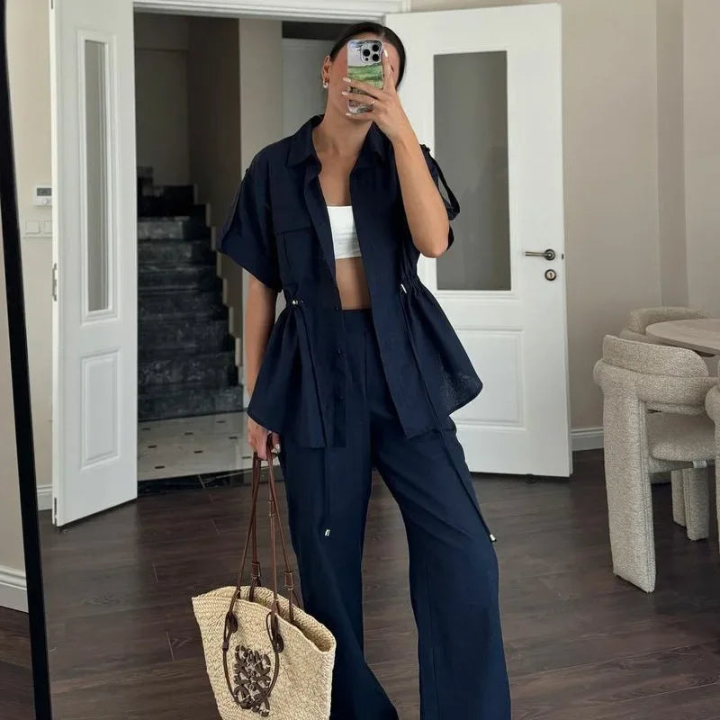 Summer New European And American Style Fashion Casual Suit Women's Workwear Drawstring Pocket Two-piece Women's Clothing