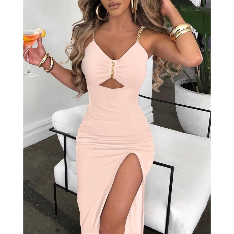 European And American Autumn Clothes  Women Skirt & Chain Shoulder Straps Slit Suspender Dress Women