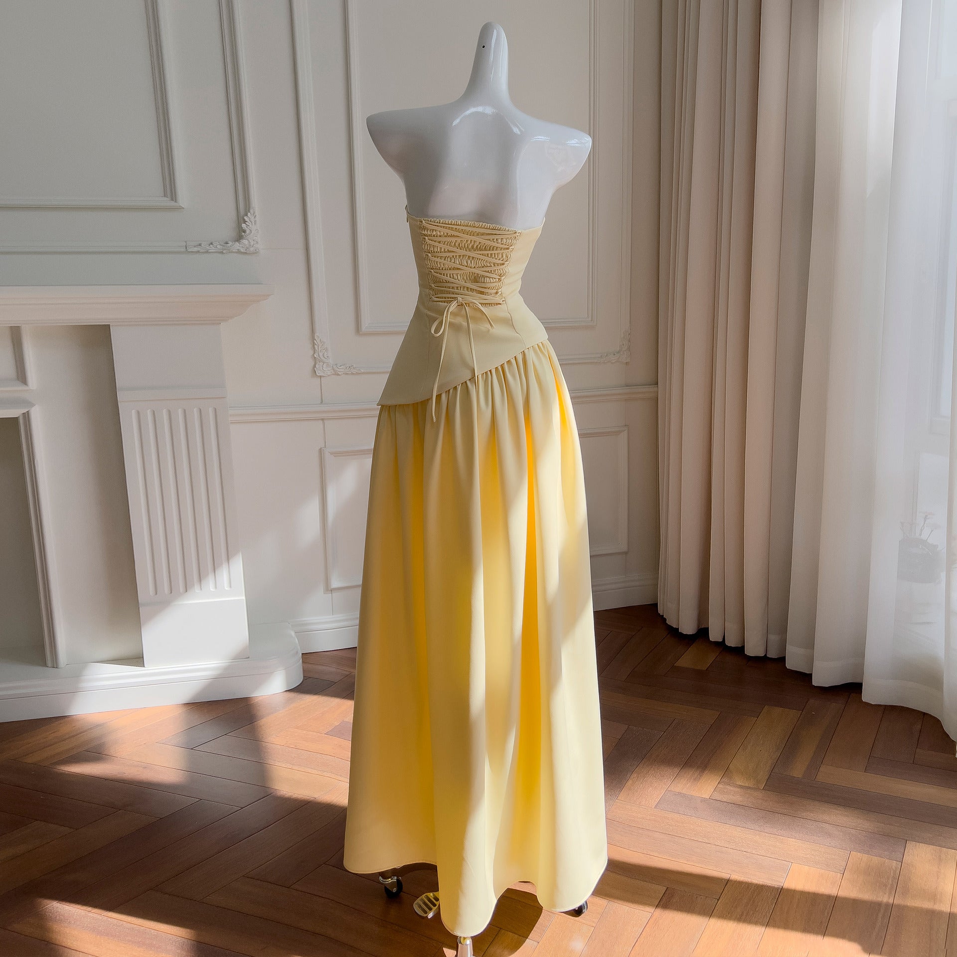 Tube Top Pleated Long Skirt Casual Halter Neck Ribbon Celebrity Party Dress Elegant One-Line Collar Dress