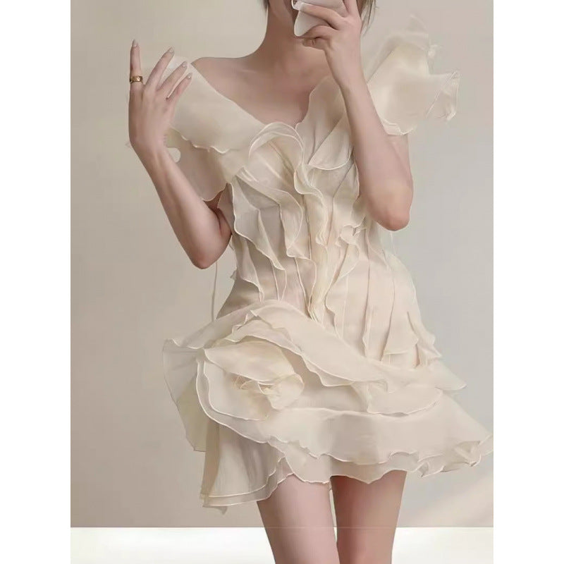 Vietnamese Niche , a good Choice , French Ruffled Immortal Style Slim-fit Socialite Lazy Shoulder Irregular Dress