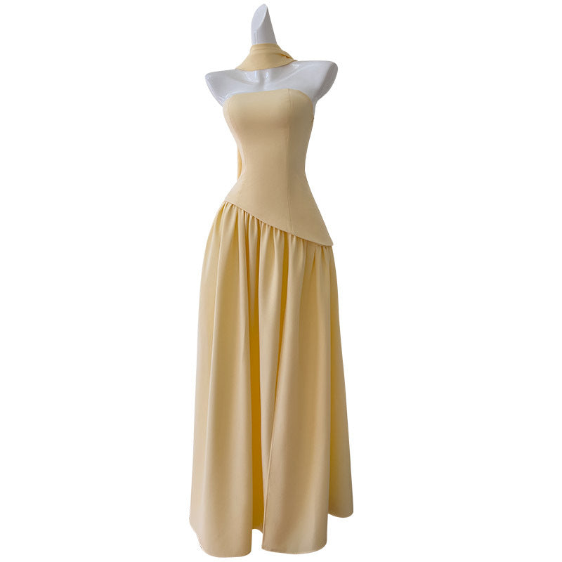 Tube Top Pleated Long Skirt Casual Halter Neck Ribbon Celebrity Party Dress Elegant One-Line Collar Dress