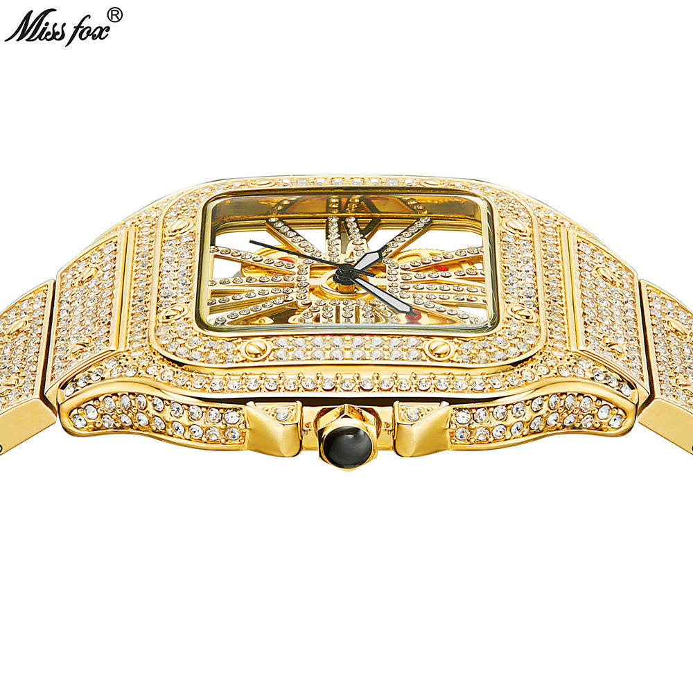 Missfox Niche Design Cut Out Hip-Hop Full Diamond Quartz Watch [New Fashion Square Men]