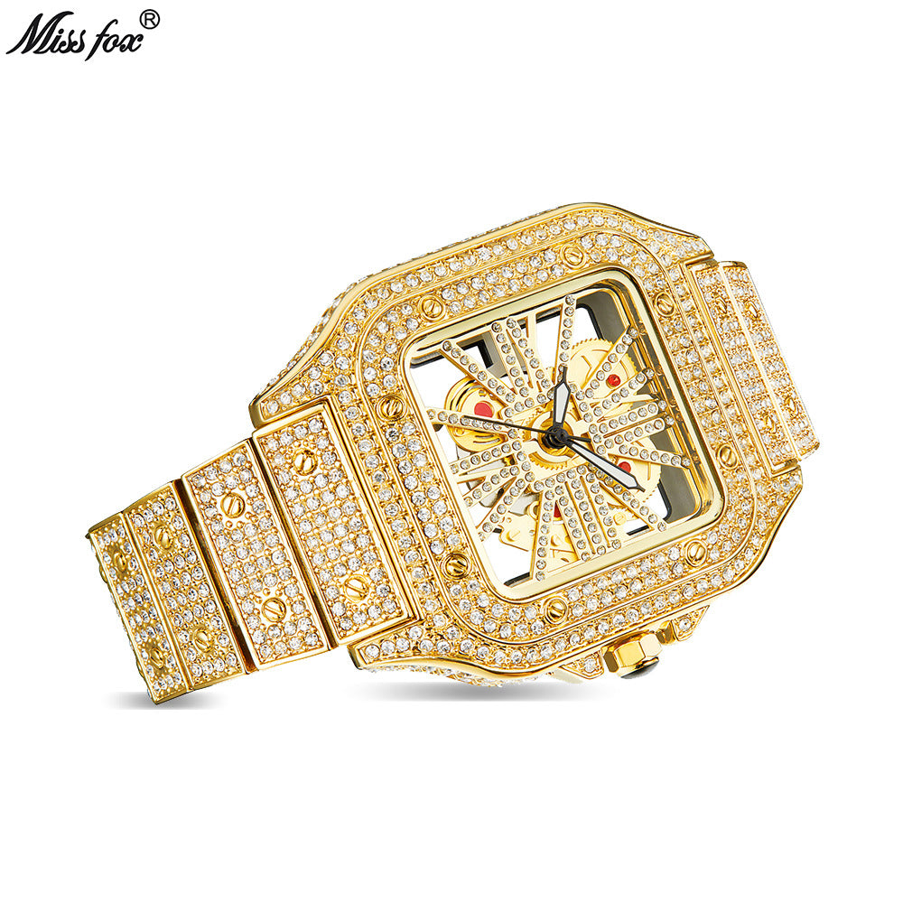 Missfox Niche Design Cut Out Hip-Hop Full Diamond Quartz Watch [New Fashion Square Men]