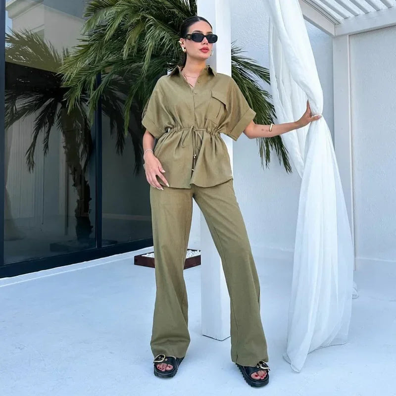Summer New European And American Style Fashion Casual Suit Women's Workwear Drawstring Pocket Two-piece Women's Clothing