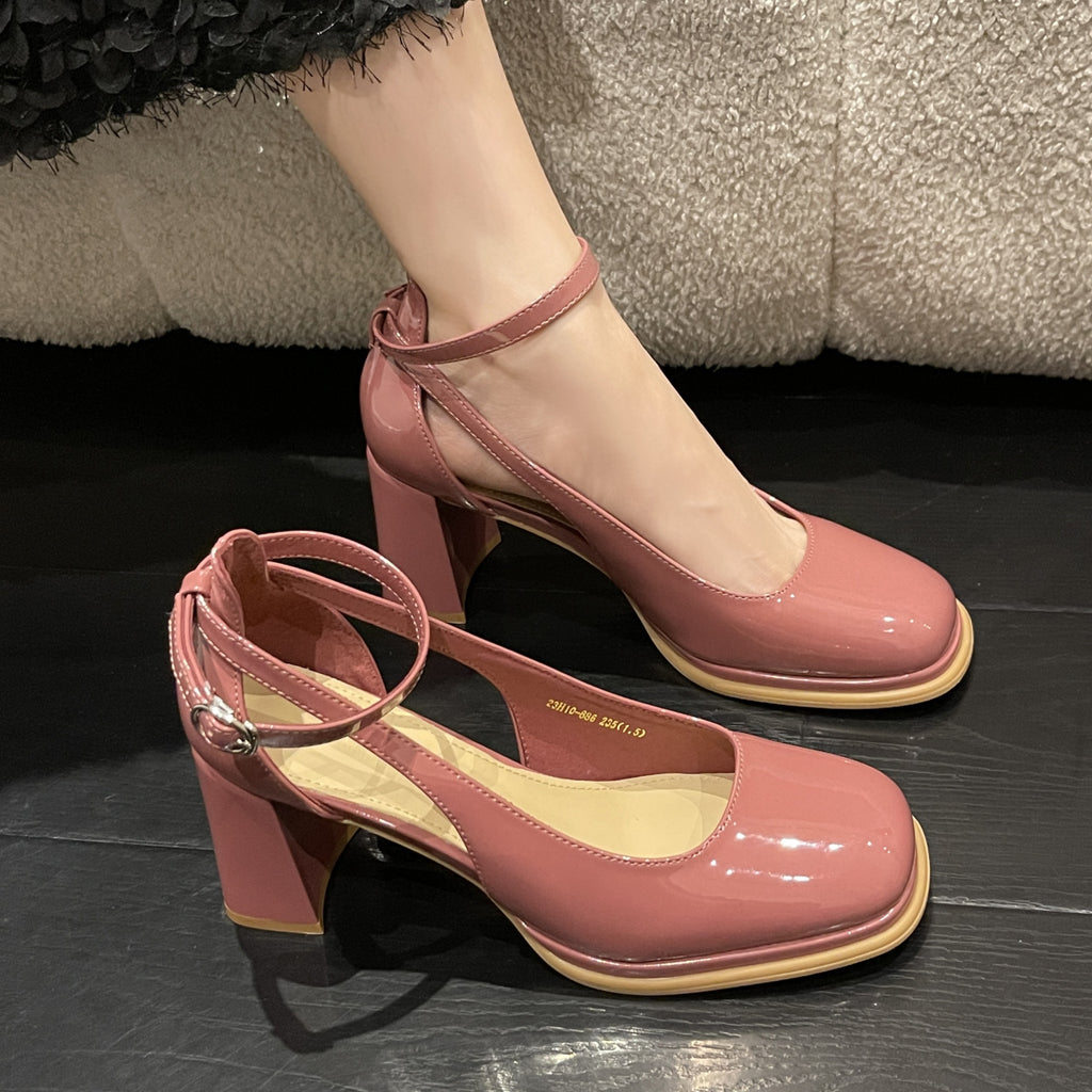 High Heels Women's Summer Shoes New Fairy Style One Word Buckle Shallow Mouth Thick Heel Single Shoes Women