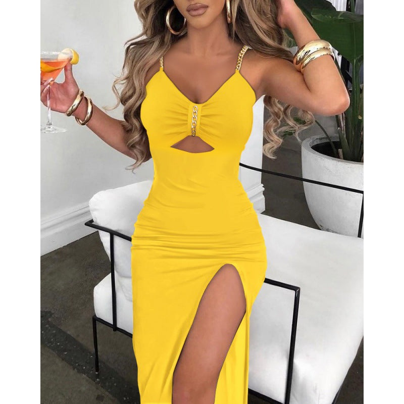 European And American Autumn Clothes  Women Skirt & Chain Shoulder Straps Slit Suspender Dress Women